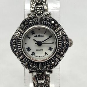 Le Baron Marcasite Watch Women 23mm Silver Tone Vintage Inspired New Battery 7"